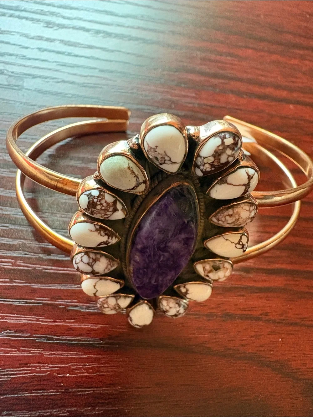 Adjustable Copper Cuff Charoite and WildHorse  Stones
